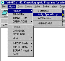 Model, PRELIM, Assign Spacegroup menu