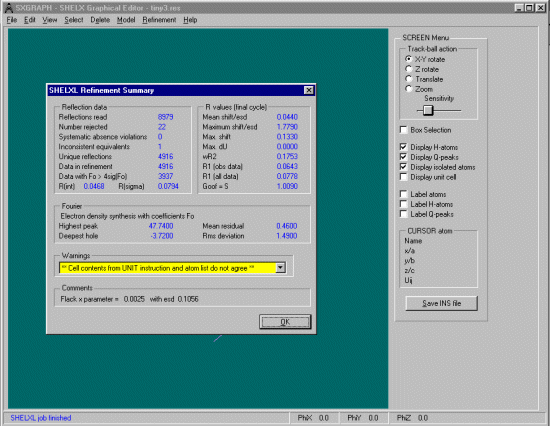 Shelx refinement cycles completed with resulting summary screen